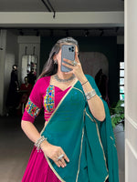 Thumbnail for Lorenvalley Fashion Pink Pure Rayon Gamthi Work With Embossed Design And Lace Touch Up Lehenga Choli with Dupatta