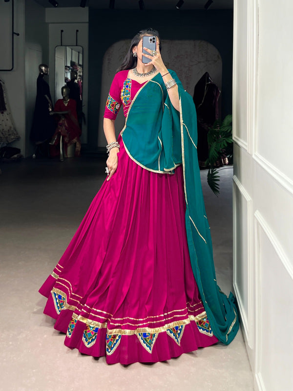Lorenvalley Fashion Pink Pure Rayon Gamthi Work With Embossed Design And Lace Touch Up Lehenga Choli with Dupatta