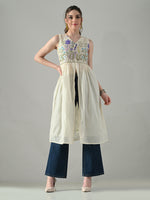 Thumbnail for Myshka Women Off White Multicolor Thread Embroidered Sleeveless Long Kurta