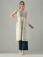 Thumbnail for Myshka Women Off White Multicolor Thread Embroidered Sleeveless Long Kurta