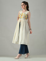 Thumbnail for Myshka Women Off White Multicolor Thread Embroidered Sleeveless Long Kurta