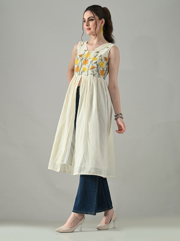 Myshka Women Off White Multicolor Thread Embroidered Sleeveless Long Kurta