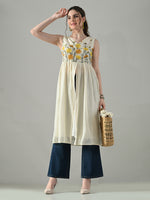 Thumbnail for Myshka Women Off White Multicolor Thread Embroidered Sleeveless Long Kurta