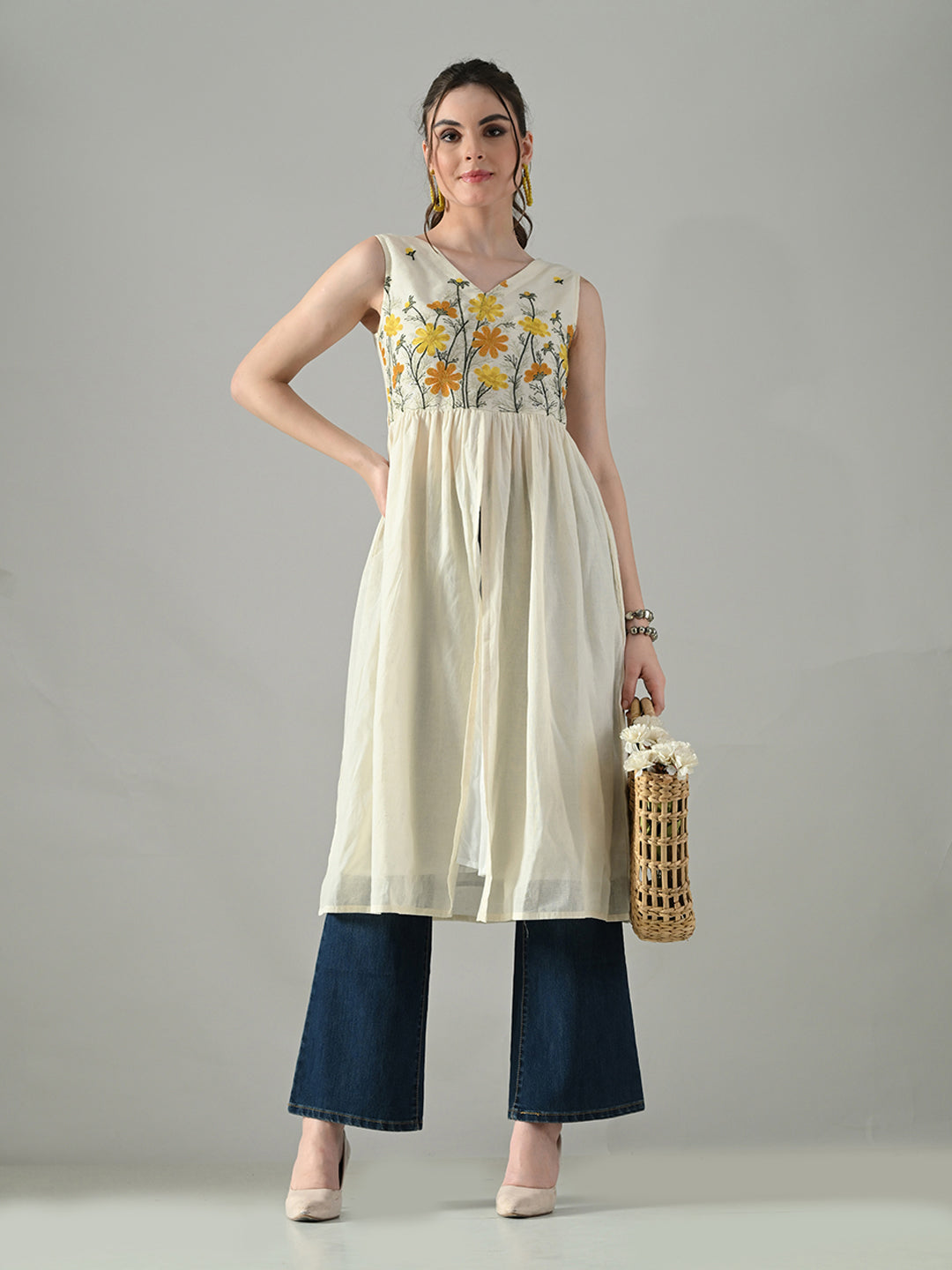 Myshka Women Off White Multicolor Thread Embroidered Sleeveless Long Kurta