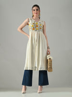 Thumbnail for Myshka Women Off White Multicolor Thread Embroidered Sleeveless Long Kurta