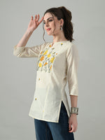 Thumbnail for Myshka Women Off White Multicolor Thread Embroidered Tunic Three Quarter Sleeves Round Neck