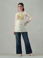 Thumbnail for Myshka Women Off White Multicolor Thread Embroidered Tunic Three Quarter Sleeves Round Neck