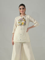 Thumbnail for Myshka Women Off White Multicolor Thread Embroidered Tunic Three Quarter Sleeves Round Neck