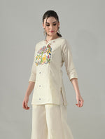 Thumbnail for Myshka Women Off White Multicolor Thread Embroidered Tunic Three Quarter Sleeves Round Neck