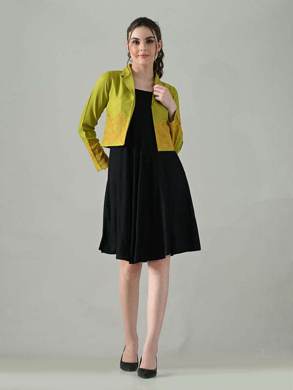 Myshka Women Green Embroidered Jacket With Black Knee Length Dress