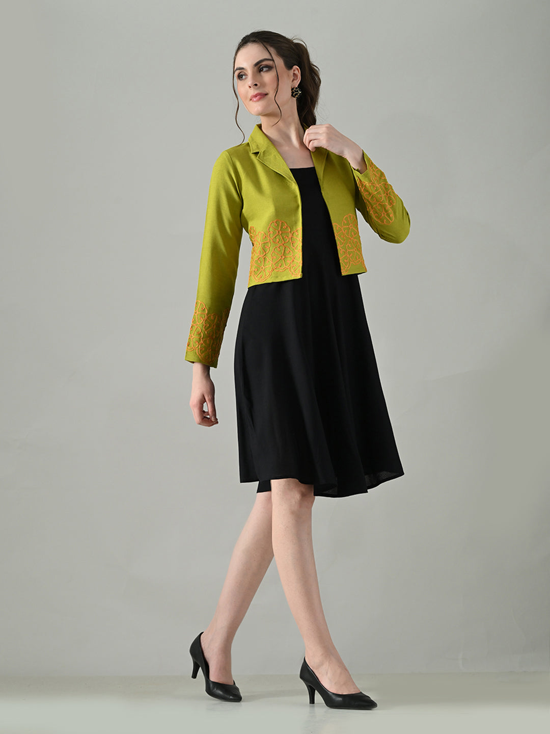 Myshka Women Green Embroidered Jacket With Black Knee Length Dress