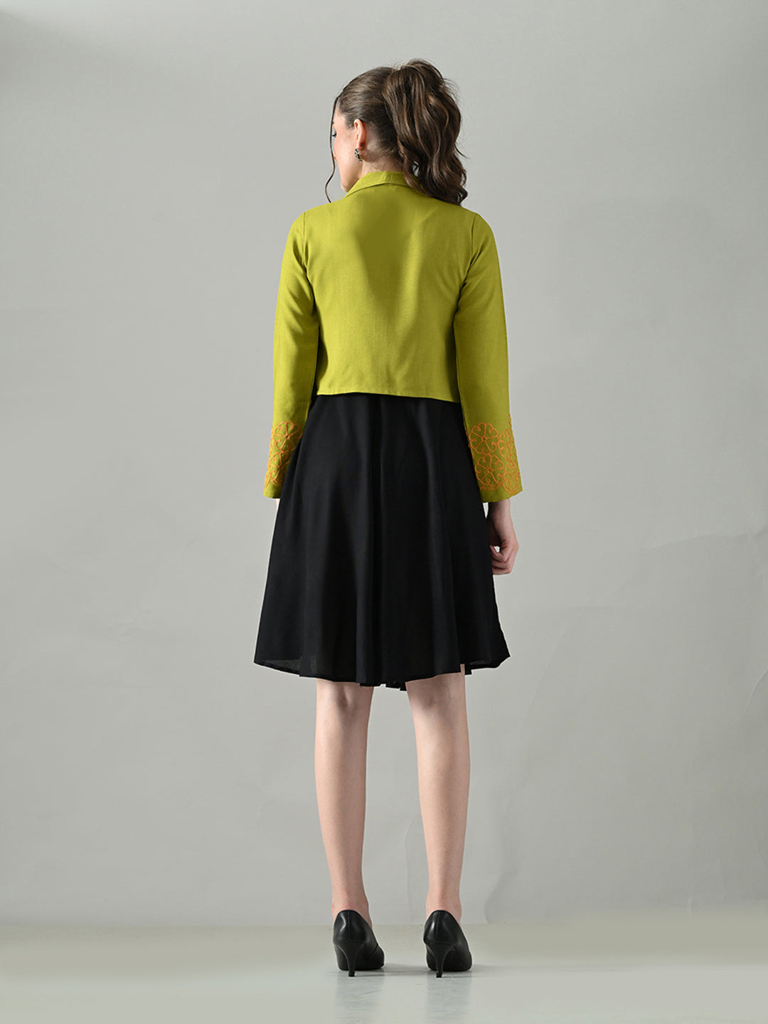 Myshka Women Green Embroidered Jacket With Black Knee Length Dress