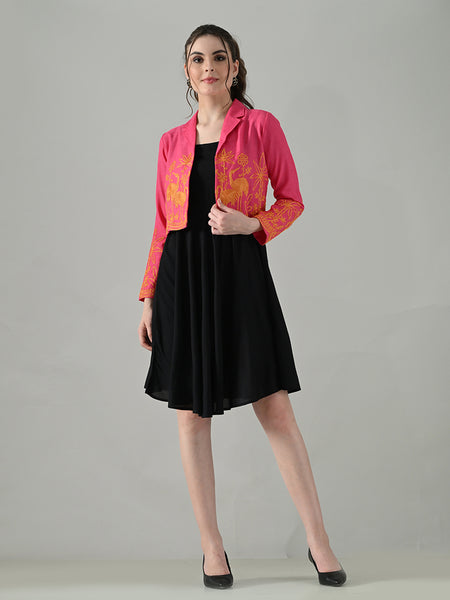 Myshka Women Pink Embroidered Jacket With Black Knee Length Dress