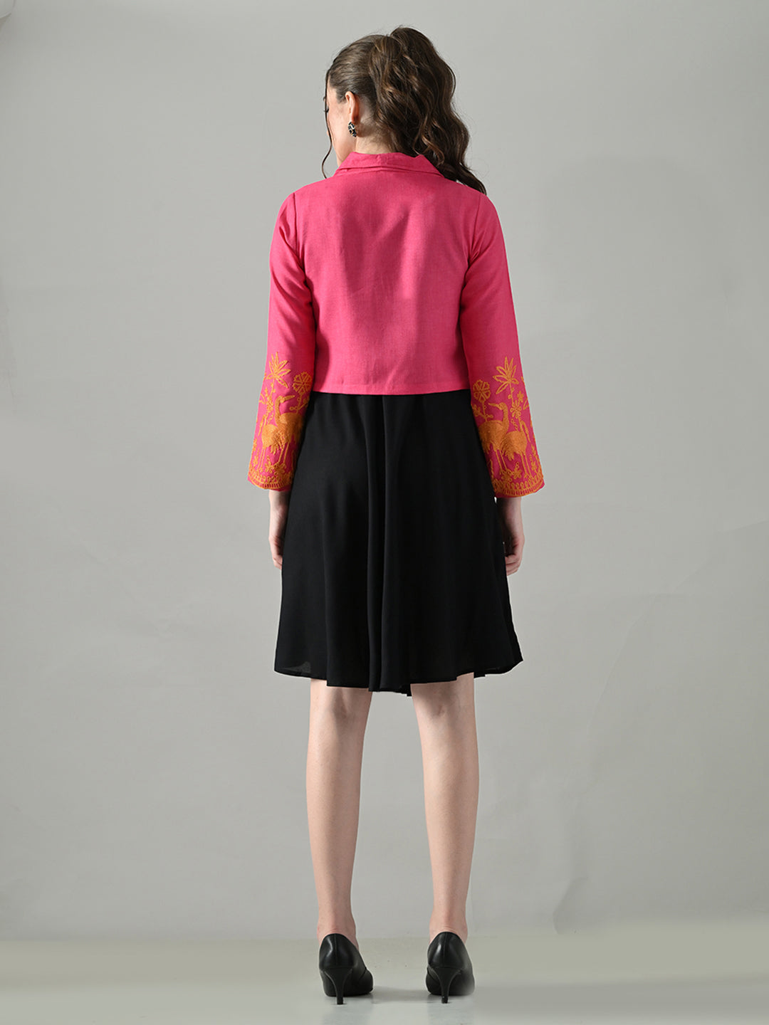 Myshka Women Pink Embroidered Jacket With Black Knee Length Dress