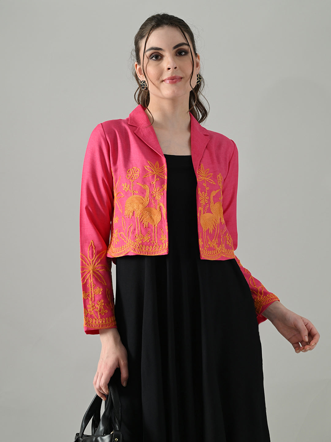 Myshka Women Pink Embroidered Jacket With Black Knee Length Dress
