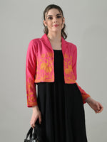 Thumbnail for Myshka Women Pink Embroidered Jacket With Black Knee Length Dress