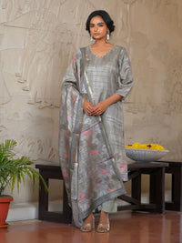 Thumbnail for Vaasva Women's Charcoal Grey Silk Digital Printed Suit Set