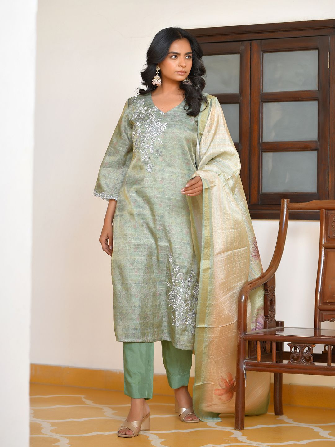 Vaasva Women's Pistachio Tissue Shimmer Digital Printed Suit Set - Distacart