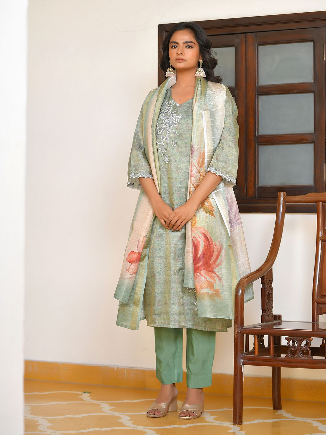 Vaasva Women's Pistachio Tissue Shimmer Digital Printed Suit Set - Distacart