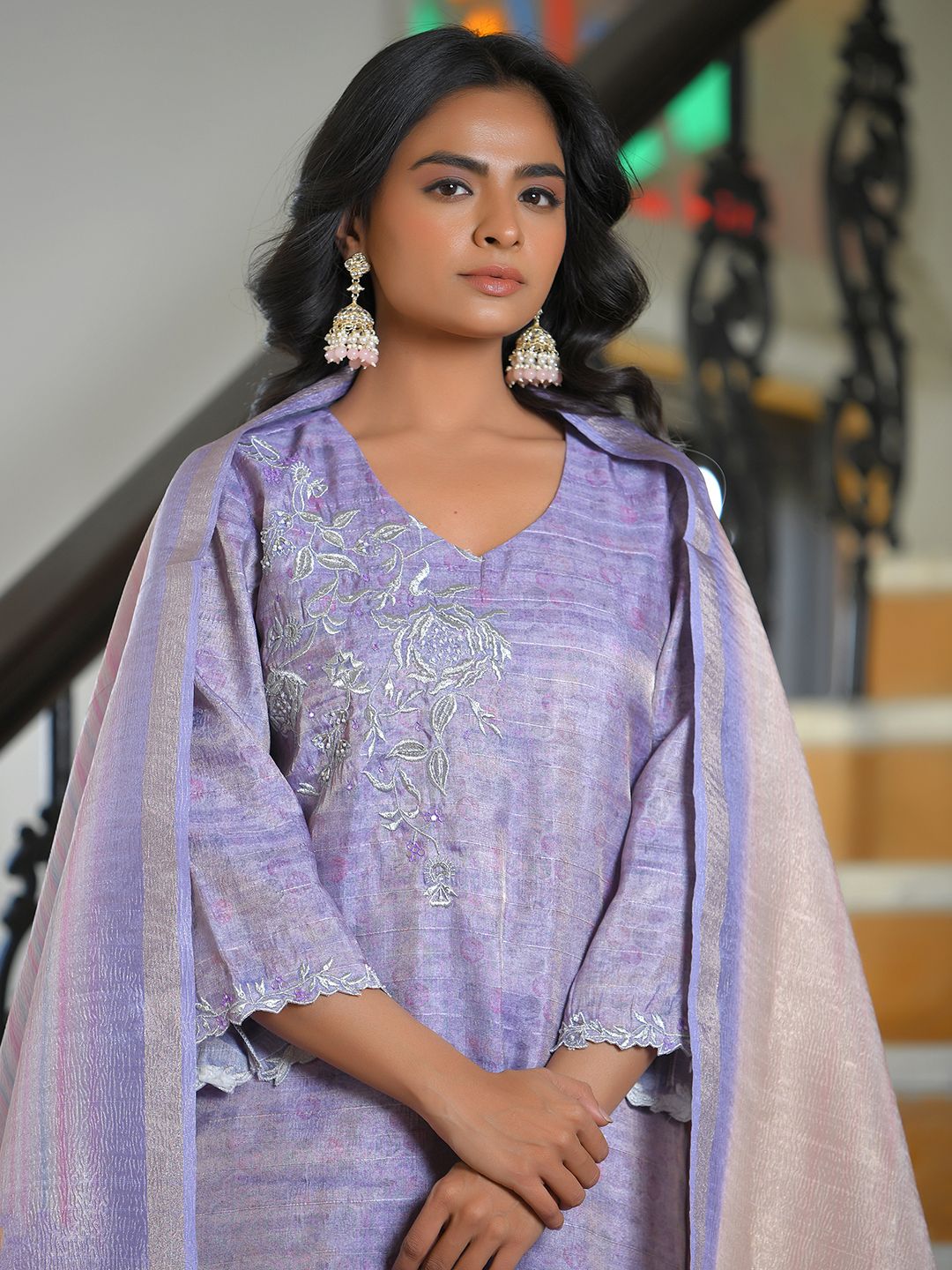 Vaasva Women's Lavender Tissue Shimmer Digital Printed Suit Set - Distacart