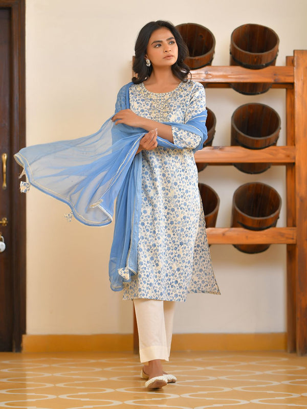 Vaasva Women's Classic Cream Cotton Foil Printedembroidered Suit Set - Distacart