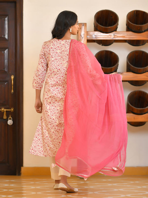 Vaasva Women's Classic Cream Cotton Foil Printedembroidered Suit Set - Distacart