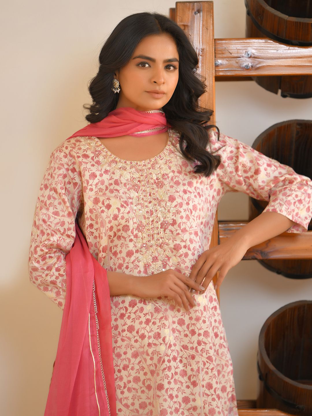 Vaasva Women's Classic Cream Cotton Foil Printedembroidered Suit Set - Distacart