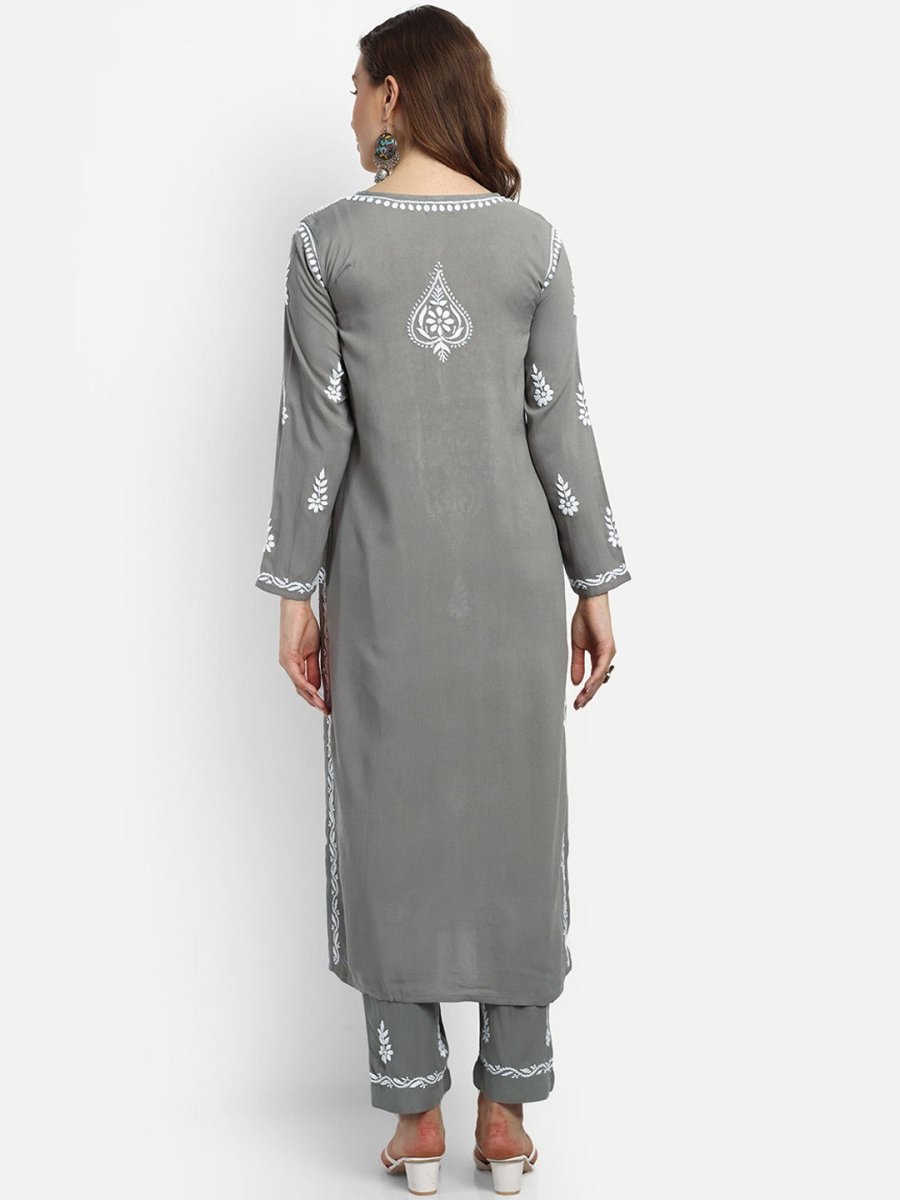 ADA Ethnic Motifs Embroidered Lucknowi Chikankari Kurta with Trousers - Distacart