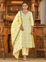 Thumbnail for Vaasva Women's Cotton Solid Lemon Embroidered Suit Set - Distacart