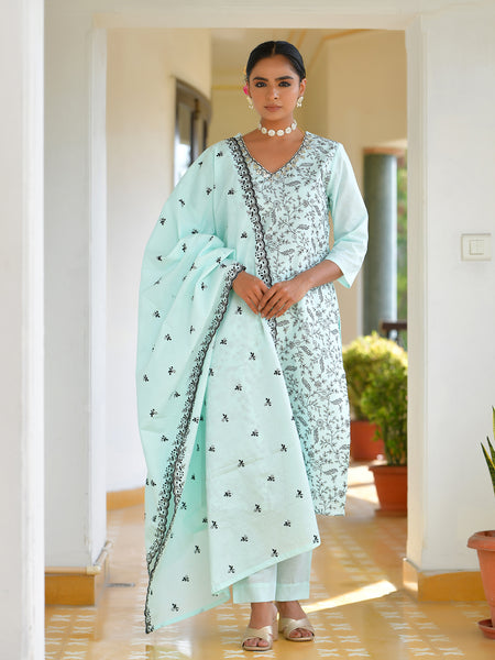 Vaasva Women's Cotton Solid Sky Embroidered Suit Set - Distacart