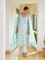 Thumbnail for Vaasva Women's Cotton Solid Sky Embroidered Suit Set - Distacart
