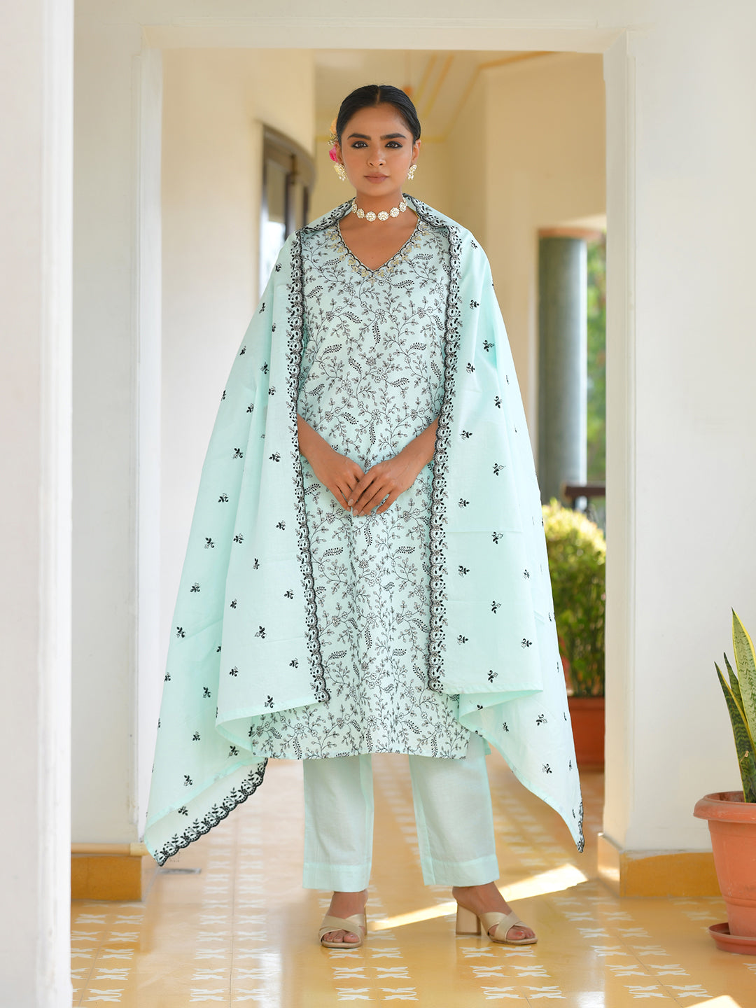 Vaasva Women's Cotton Solid Sky Embroidered Suit Set - Distacart