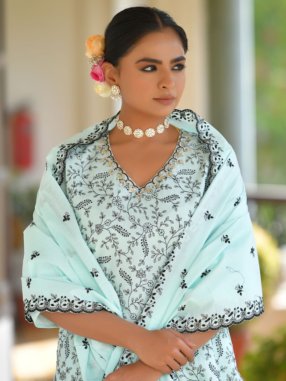 Vaasva Women's Cotton Solid Sky Embroidered Suit Set - Distacart