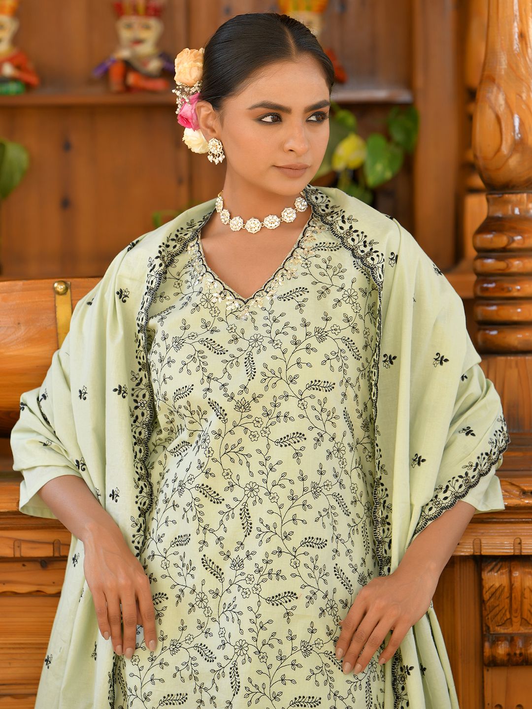 Vaasva Women's Cotton Solid Pista Embroidered Suit Set - Distacart