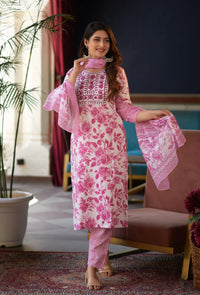 Thumbnail for NOZ2TOZ Women Pink, White Floral Print Viscose Rayon Kurta, Pant And Dupatta Set