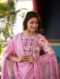 Thumbnail for NOZ2TOZ Women Pink, White Floral Print Viscose Rayon Kurta, Pant And Dupatta Set