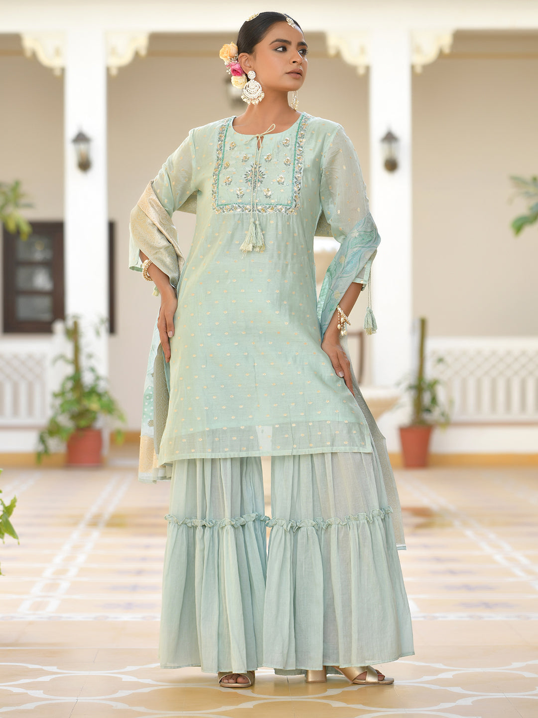 Vaasva Women's Aqua Marine Chanderi Sharara Set - Distacart
