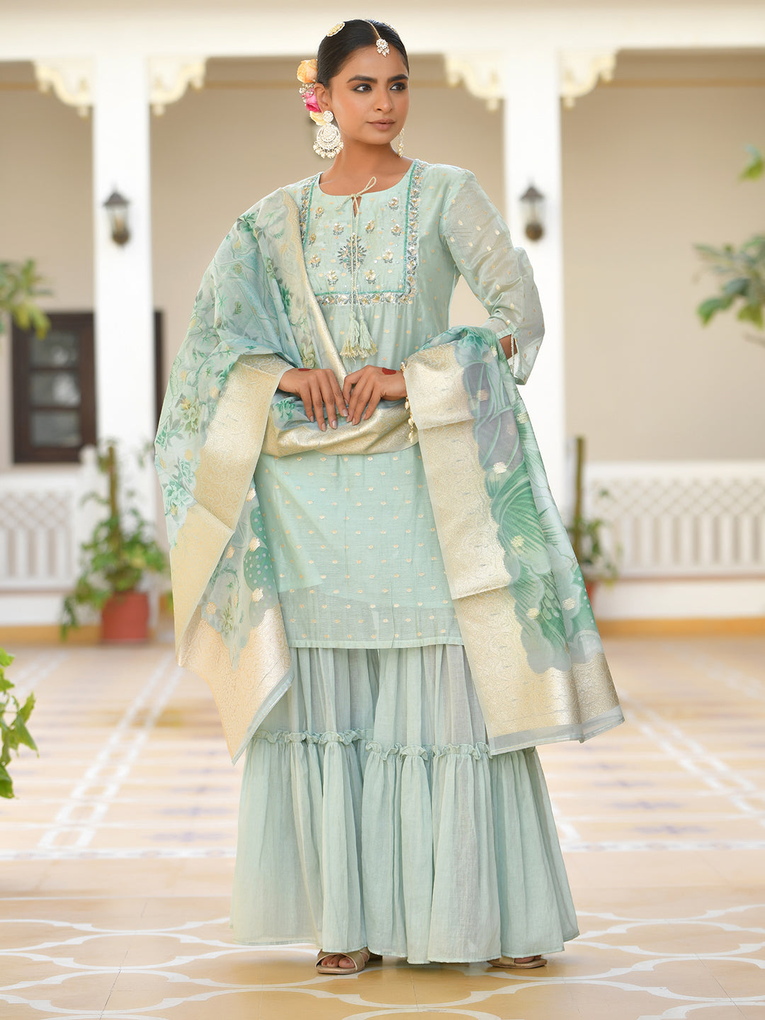 Vaasva Women's Aqua Marine Chanderi Sharara Set - Distacart