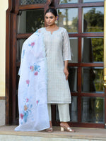Thumbnail for Vaasva Women's Grey Blue Linen Suit Set With Cutwork Dupatta - Distacart
