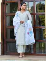 Thumbnail for Vaasva Women's Grey Blue Linen Suit Set With Cutwork Dupatta - Distacart