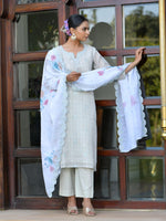 Thumbnail for Vaasva Women's Grey Blue Linen Suit Set With Cutwork Dupatta - Distacart