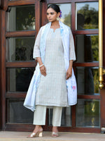 Thumbnail for Vaasva Women's Grey Blue Linen Suit Set With Cutwork Dupatta - Distacart