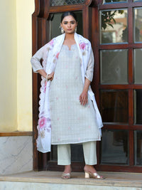 Thumbnail for Vaasva Women's Grey Pink Linen Suit Set With Cutwork Dupatta