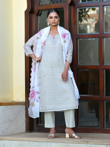 Vaasva Women's Grey Pink Linen Suit Set With Cutwork Dupatta