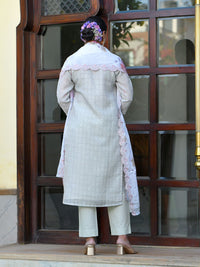 Thumbnail for Vaasva Women's Grey Pink Linen Suit Set With Cutwork Dupatta