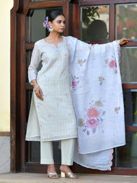 Thumbnail for Vaasva Women's Grey Pink Linen Suit Set With Cutwork Dupatta