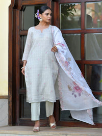 Thumbnail for Vaasva Women's Grey Pink Linen Suit Set With Cutwork Dupatta