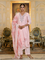 Thumbnail for Vaasva Women's Pink Linen Suit Set With Printed Dupatta - Distacart