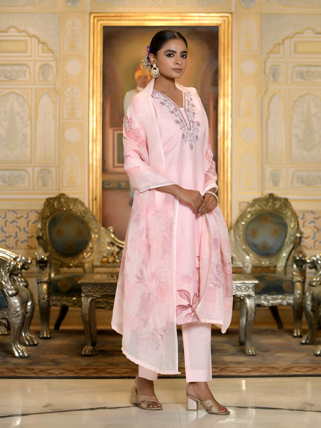 Vaasva Women's Pink Linen Suit Set With Printed Dupatta - Distacart
