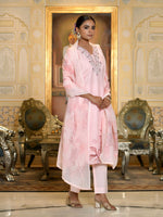 Thumbnail for Vaasva Women's Pink Linen Suit Set With Printed Dupatta - Distacart
